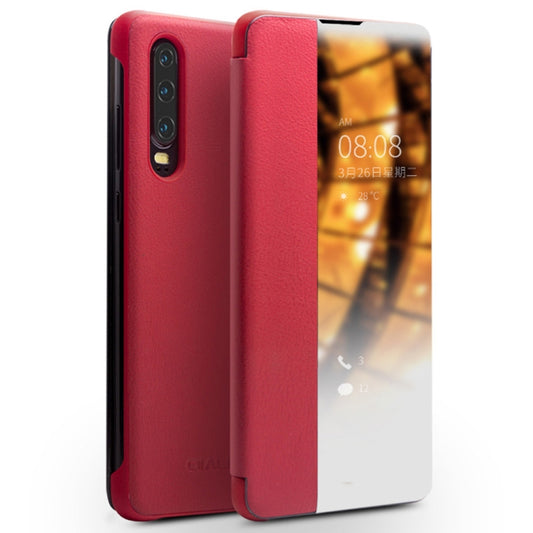 For Huawei P30 QIALINO Genuine Leather Side Window View Smart Phone Case(Red) - free shipping - PMC Jewellery - Order now!