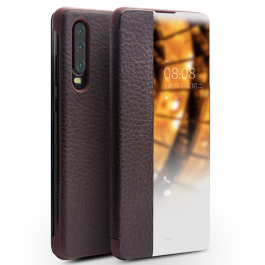 For Huawei P30 QIALINO Genuine Leather Side Window View Smart Phone Case(Brown) - free shipping - PMC Jewellery - Order now!