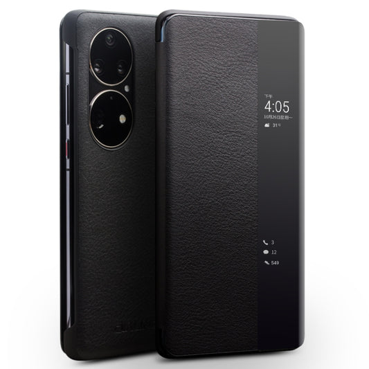 For Huawei P50 QIALINO Genuine Leather Side Window View Smart Phone Case(Black) - Huawei Cases by QIALINO | Online Shopping South Africa | PMC Jewellery | Buy Now Pay Later Mobicred