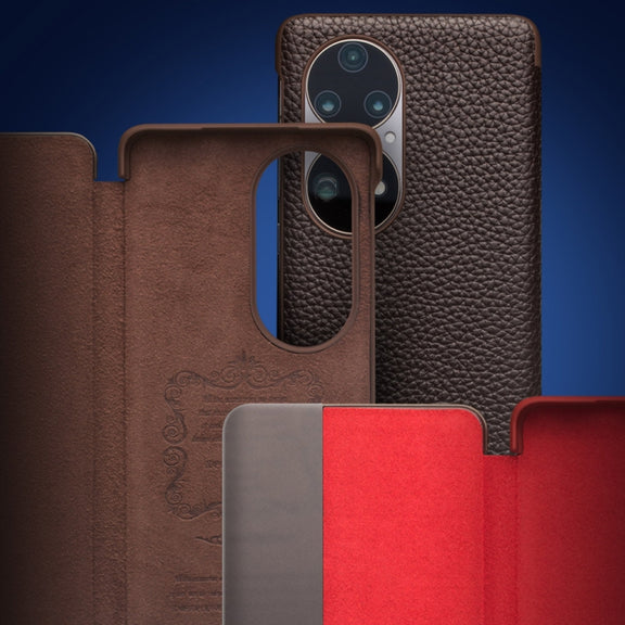 For Huawei P50 QIALINO Genuine Leather Side Window View Smart Phone Case(Brown)