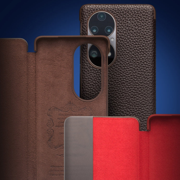 For Huawei P50 QIALINO Genuine Leather Side Window View Smart Phone Case(Black) - Huawei Cases by QIALINO | Online Shopping South Africa | PMC TechLife | Buy Now Pay Later Mobicred