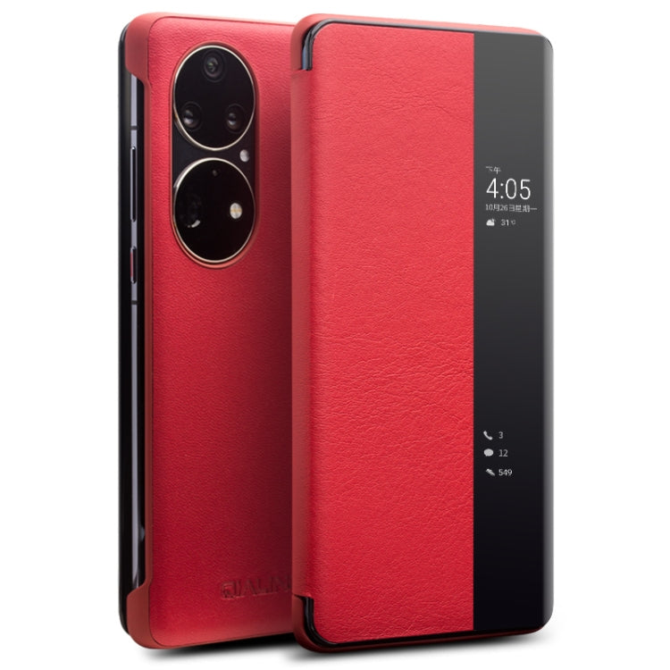 For Huawei P50 Pro QIALINO Genuine Leather Side Window View Smart Phone Case(Red) - free shipping - PMC TechLife - Order now!
