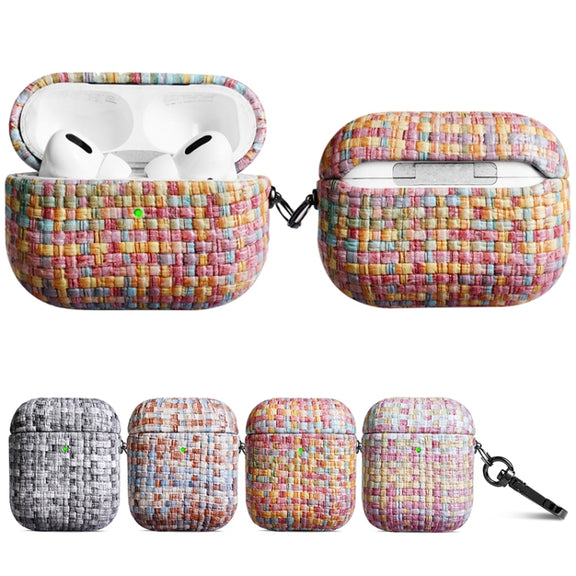 For AirPods 1 / 2 Weave Texture PU Shockproof Earphone Protective Case with Hook(Pink)