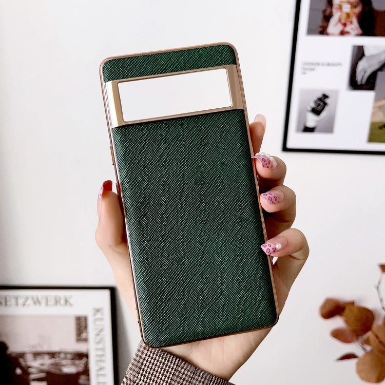 For Google Pixel 6 Pro Nano Electroplating Cross Texture Genuine Leather Phone Case(Green)