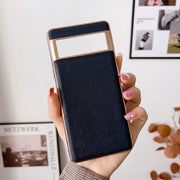 For Google Pixel 6 Nano Electroplating Cross Texture Genuine Leather Phone Case(Blue)