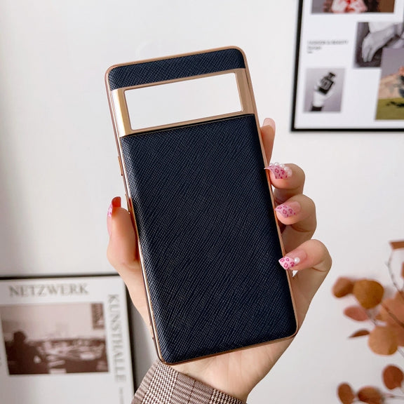 For Google Pixel 6 Nano Electroplating Cross Texture Genuine Leather Phone Case(Blue)