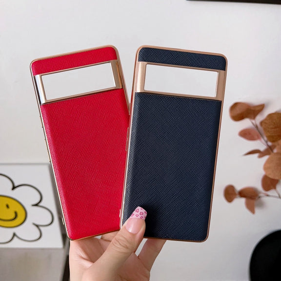 For Google Pixel 6 Nano Electroplating Cross Texture Genuine Leather Phone Case(Blue)