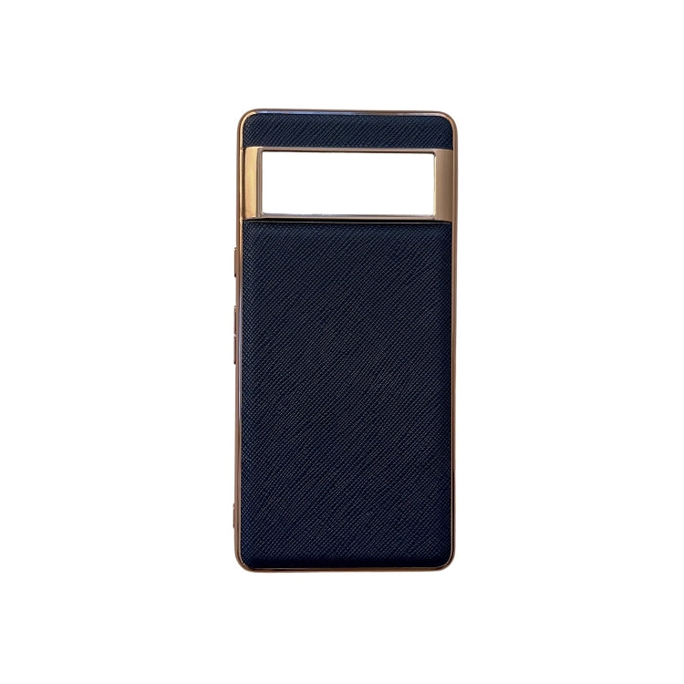 For Google Pixel 6a Nano Electroplating Cross Texture Genuine Leather Phone Case(Blue) - Google Cases by PMC TechLife | Online Shopping South Africa | PMC TechLife | Buy Now Pay Later Mobicred