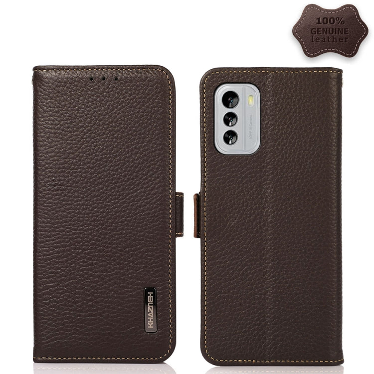 For Nokia G60 5G KHAZNEH Side-Magnetic Litchi Genuine Leather RFID Phone Case(Brown) - Nokia Cases by PMC TechLife | Online Shopping South Africa | PMC TechLife | Buy Now Pay Later Mobicred
