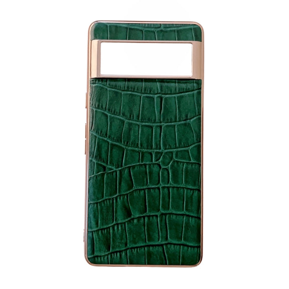 For Google Pixel 7 Crocodile Texture Genuine Leather Electroplating Phone Case(Dark Green)