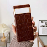 For Google Pixel 6 Pro Crocodile Texture Genuine Leather Electroplating Phone Case(Brown)