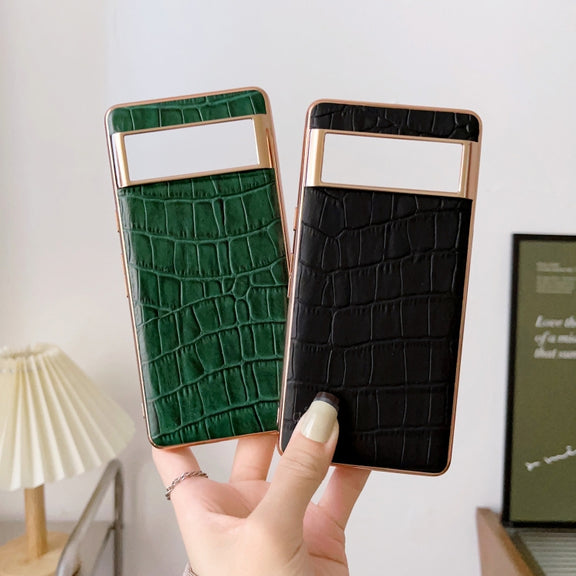 For Google Pixel 6 Pro Crocodile Texture Genuine Leather Electroplating Phone Case(Brown)