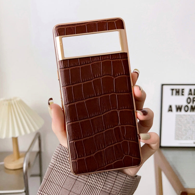 For Google Pixel 6a Crocodile Texture Genuine Leather Electroplating Phone Case(Brown)