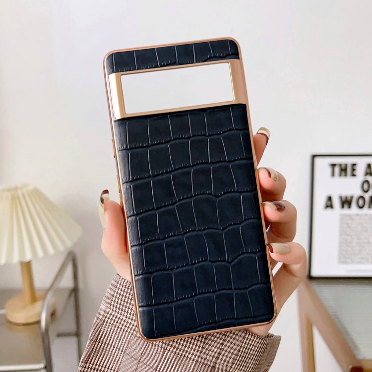 For Google Pixel 6a Crocodile Texture Genuine Leather Electroplating Phone Case(Blue)