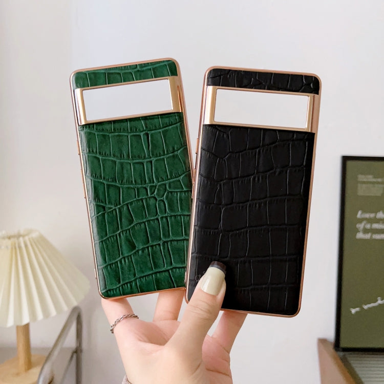 For Google Pixel 6a Crocodile Texture Genuine Leather Electroplating Phone Case(Black)