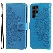 For Samsung Galaxy S23 Ultra 5G 7-petal Flowers Embossing Leather Phone Case(Blue)