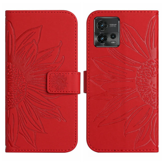 For Motorola Moto G72 5G Skin Feel Sun Flower Pattern Flip Leather Phone Case with Lanyard(Red)