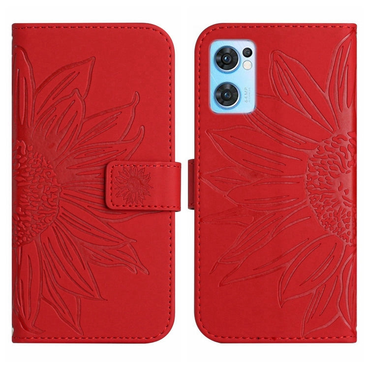 For OPPO Reno7 5G/Find X5 Lite Skin Feel Sun Flower Pattern Flip Leather Phone Case with Lanyard(Red) - OPPO Cases by PMC TechLife | Online Shopping South Africa | PMC TechLife | Buy Now Pay Later Mobicred