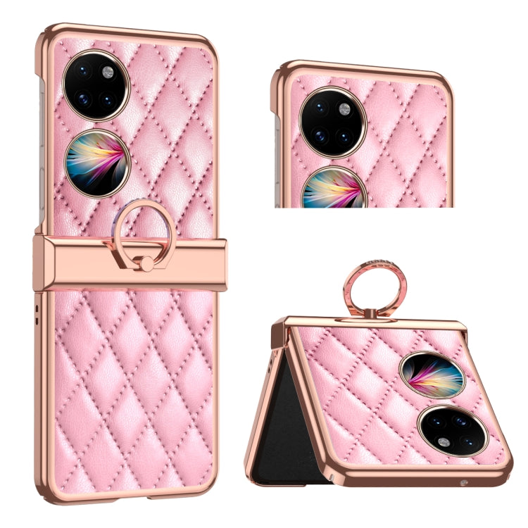 For Huawei P50 Pocket Grid Leather Pattern Electroplating Frame Folding Phone Case(Pink) - Huawei Cases by PMC TechLife | Online Shopping South Africa | PMC TechLife | Buy Now Pay Later Mobicred