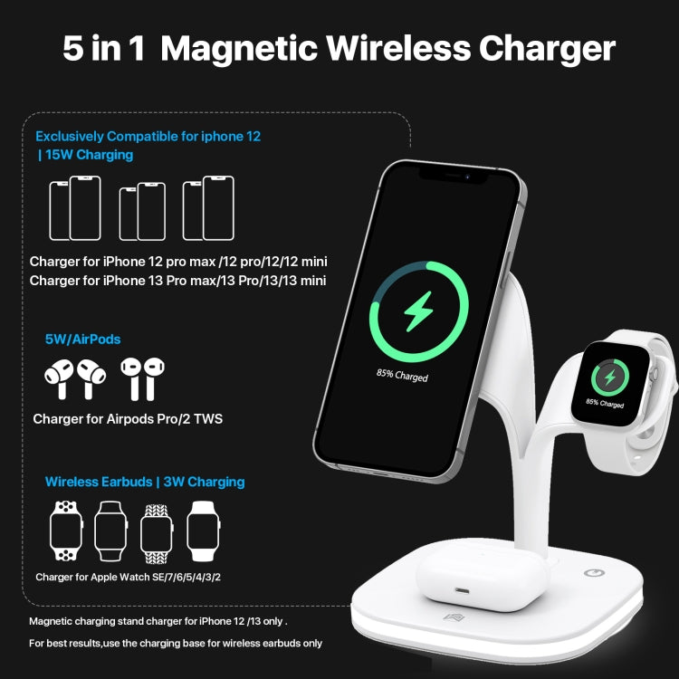 YM-UD22 15W 5 in 1 Magnetic Wireless Charger with Stand Function(White) - free shipping - PMC Jewellery - Order now!