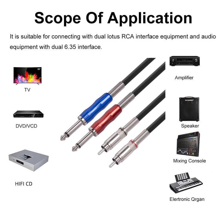 3051K63 Dual RCA Male to Dual 6.35mm 1/4 inch Male Mixer Audio Cable, Length:2m