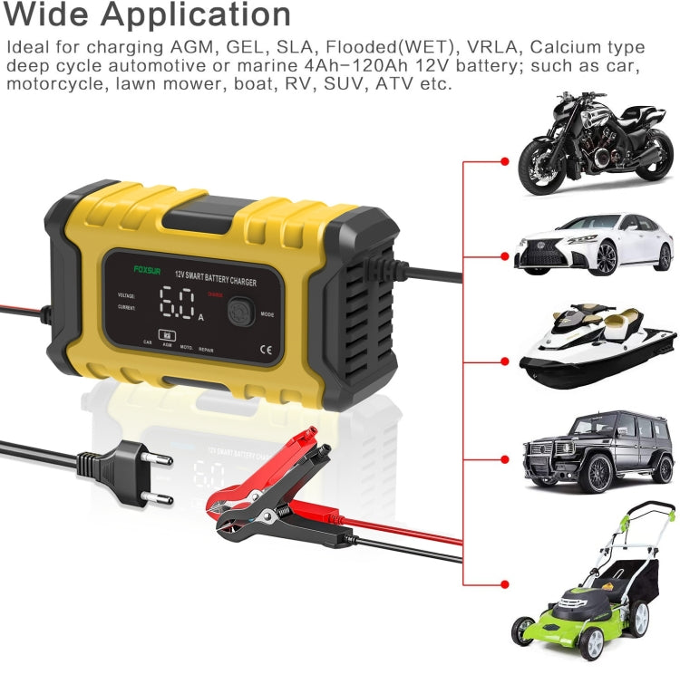 FOXSUR 6A 12V Motorcycle / Car Smart Battery Charger, Plug Type:UK Plug(Yellow)