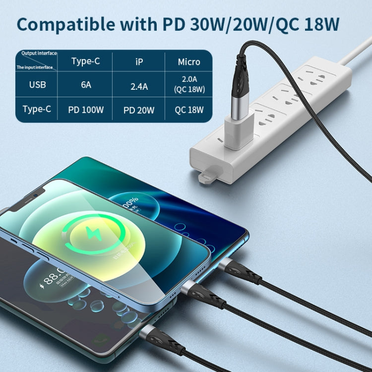 ADC-008 100W USB/Type-C to Type-C + 8 Pin + Micro USB Two to Three Fully Compatible Fast Charge Data Cable, Length:2m