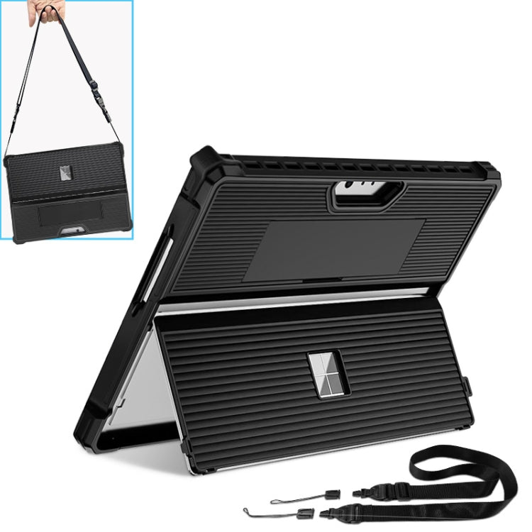 For Microsoft Surface Pro 8 Striped Hollow Tablet Case with Holder Cover and Shoulder Strap(Black) - Others by PMC TechLife | Online Shopping South Africa | PMC TechLife | Buy Now Pay Later Mobicred