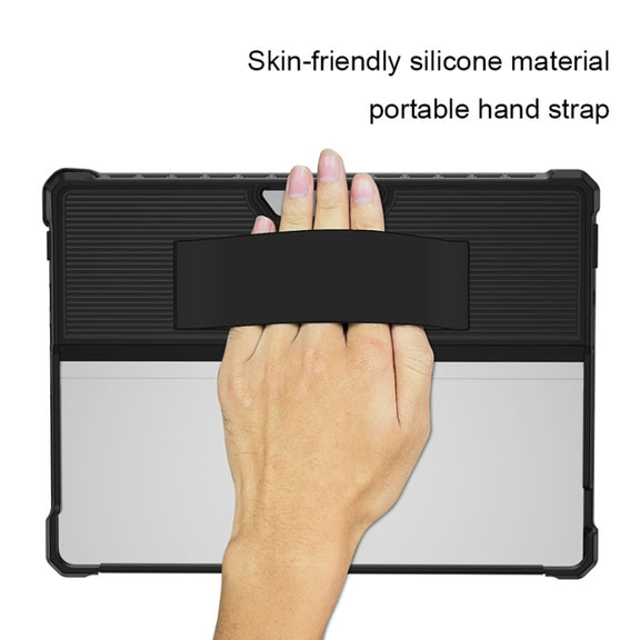 For Microsoft Surface Pro 9 Striped Hollow Tablet Case with Holder Cover and Shoulder Strap(Black)