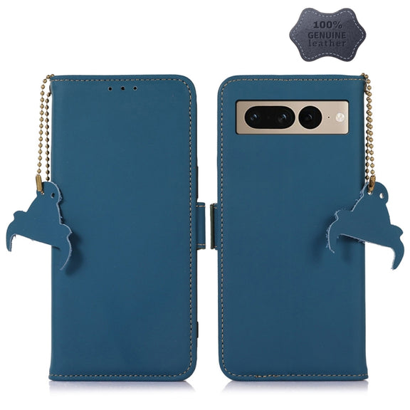 For Google Pixel 7 Pro Genuine Leather Magnetic RFID Leather Phone Case(Blue)