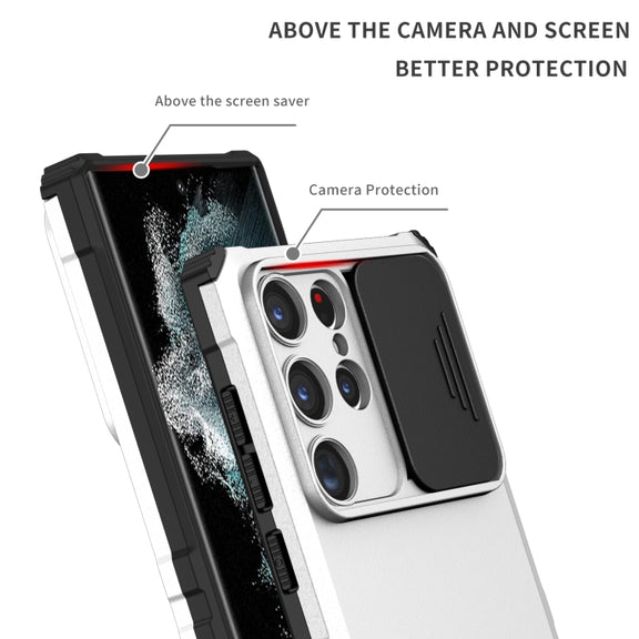For Samsung Galaxy S23 Ultra 5G Stereoscopic Holder Sliding Camshield Phone Case(White)