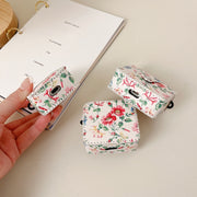 For AirPods Pro White Floral PU Leather Wireless Earphone Case