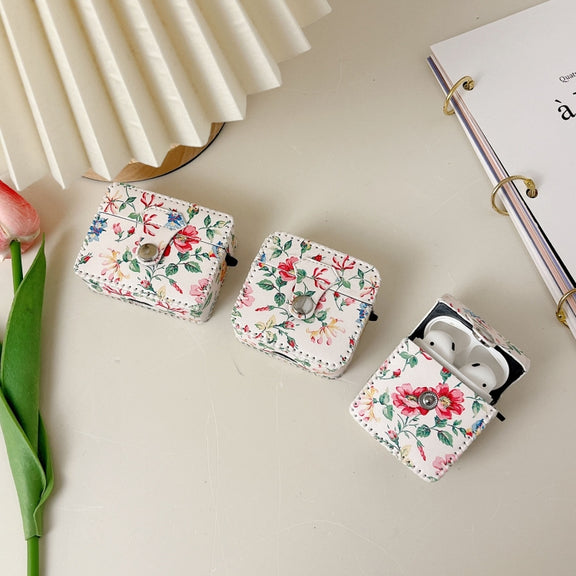 For AirPods Pro 2 White Floral PU Leather Wireless Earphone Case