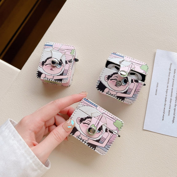 For AirPods 1/2 Wearing Hat Girl Pattern PU Leather Wireless Earphone Case