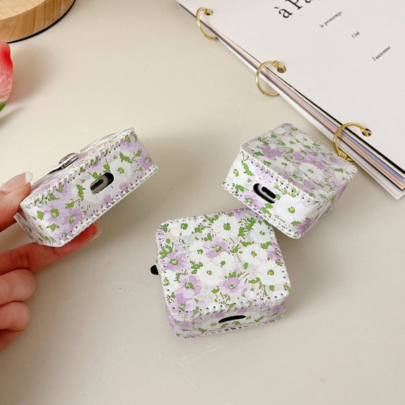 For AirPods Pro PU Leather Wireless Earphone Case(Purple White Flowers)
