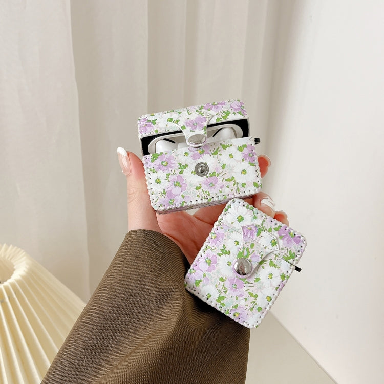 For AirPods Pro PU Leather Wireless Earphone Case(Purple White Flowers)