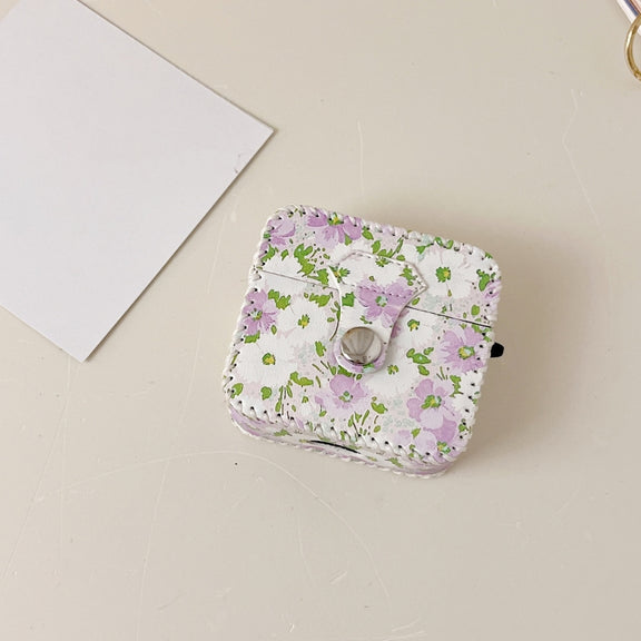 For AirPods 1/2 PU Leather Wireless Earphone Case(Purple White Flowers)