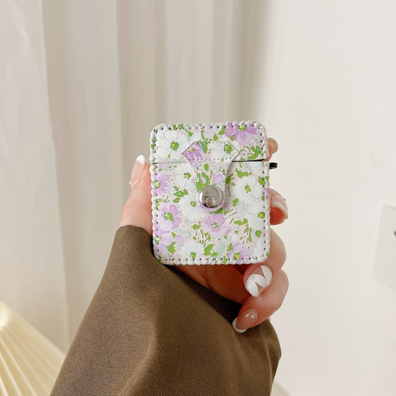 For AirPods 1/2 PU Leather Wireless Earphone Case(Purple White Flowers)
