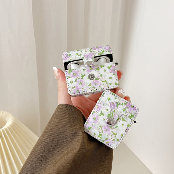 For AirPods 1/2 PU Leather Wireless Earphone Case(Purple White Flowers)