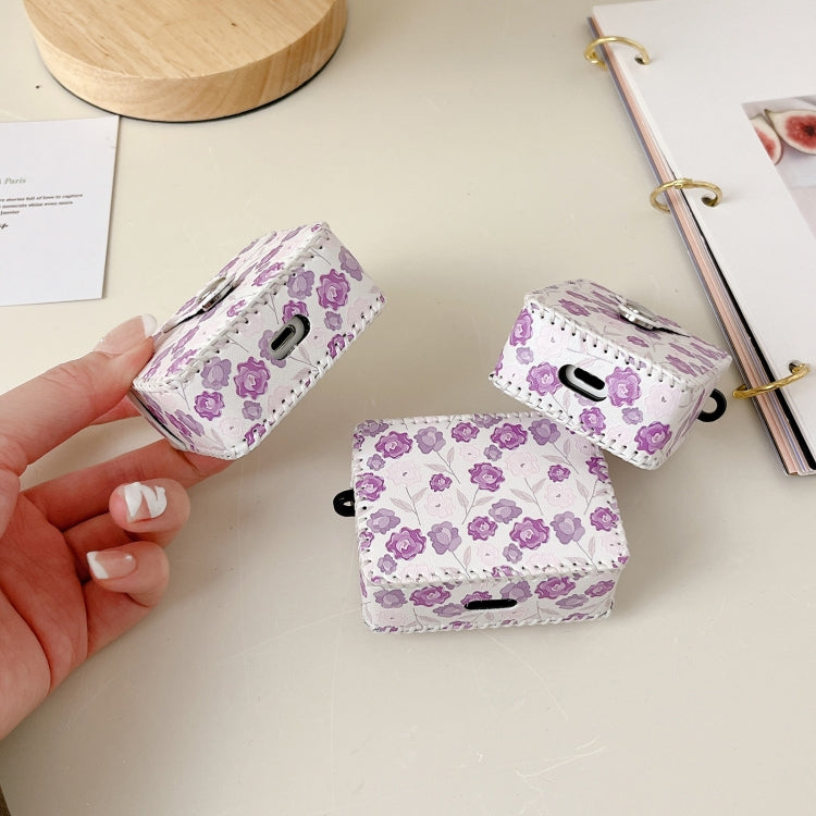 For AirPods 1/2 PU Leather Wireless Earphone Case(Purple Flowers)