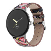 For Google Pixel Watch 1 / 2 / 3 41mm Round Tail Genuine Leather Watch Band(Black Pink Flower)