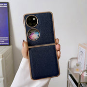 For Huawei P50 Pocket Nano Electroplating Cross Texture Genuine Leather Phone Case(Blue)
