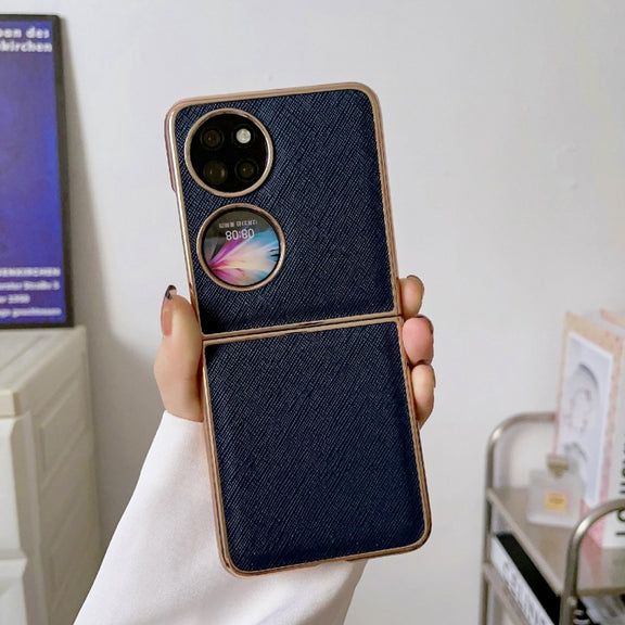 For Huawei P50 Pocket Nano Electroplating Cross Texture Genuine Leather Phone Case(Blue)