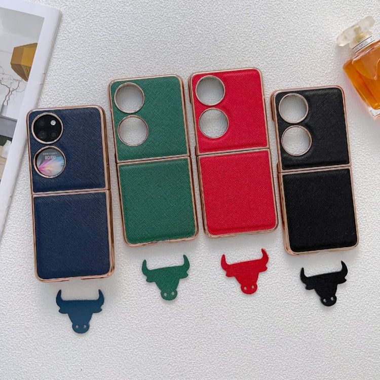 For Huawei P50 Pocket Nano Electroplating Cross Texture Genuine Leather Phone Case(Blue)