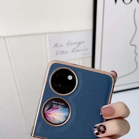 For Huawei P50 Pocket Nano Electroplating Genuine Leather Phone Case(Blue)