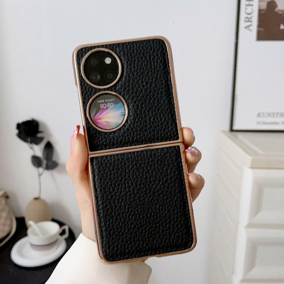 For Huawei P50 Pocket Nano Electroplating Litchi Texture Genuine Leather Phone Case(Black)
