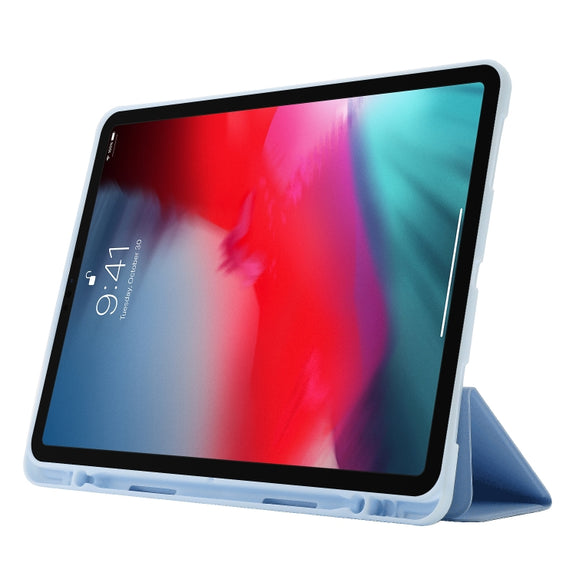 Skin Feel Pen Holder Tri-fold Tablet Leather Case For iPad Air 13 2024 / iPad Pro 12.9 2022 / 2021 / 2020 / 2018(Light Blue)