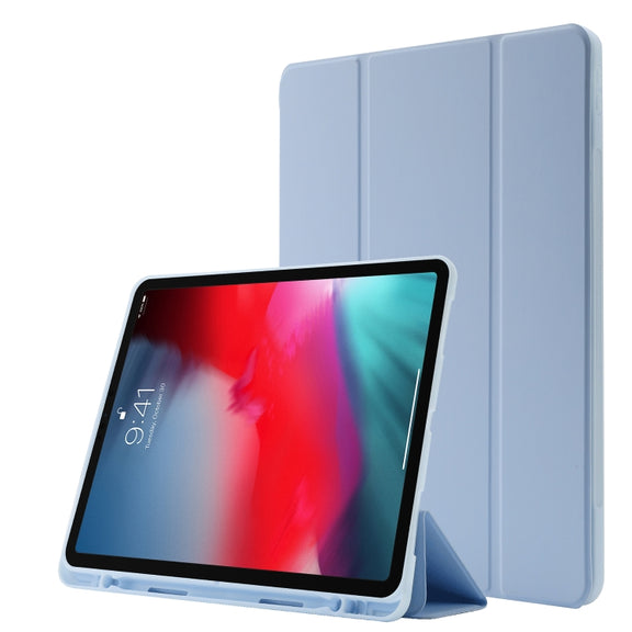 Skin Feel Pen Holder Tri-fold Tablet Leather Case For iPad Air 13 2024 / iPad Pro 12.9 2022 / 2021 / 2020 / 2018(Light Blue)