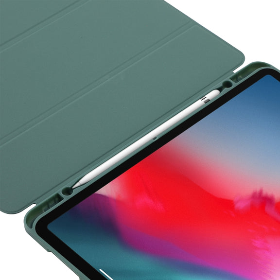 Skin Feel Pen Holder Tri-fold Tablet Leather Case For iPad Air 13 2024 / iPad Pro 12.9 2022 / 2021 / 2020 / 2018(Light Blue)