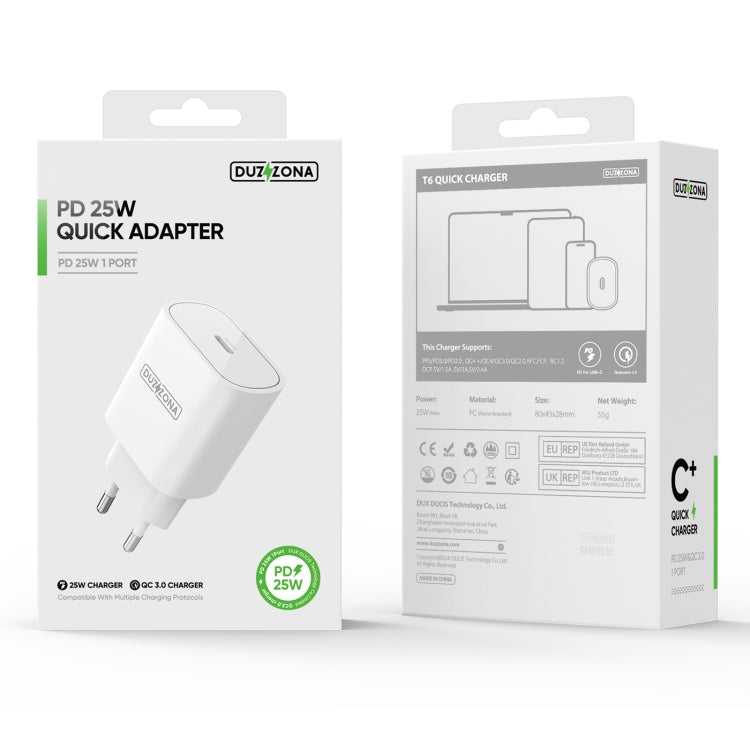 DUZZONA T6 PD 25W USB-C/Type-C Single Port Travel Charger,EU Plug(White) - USB Charger by DUZZONA | Online Shopping South Africa | PMC Jewellery | Buy Now Pay Later Mobicred
